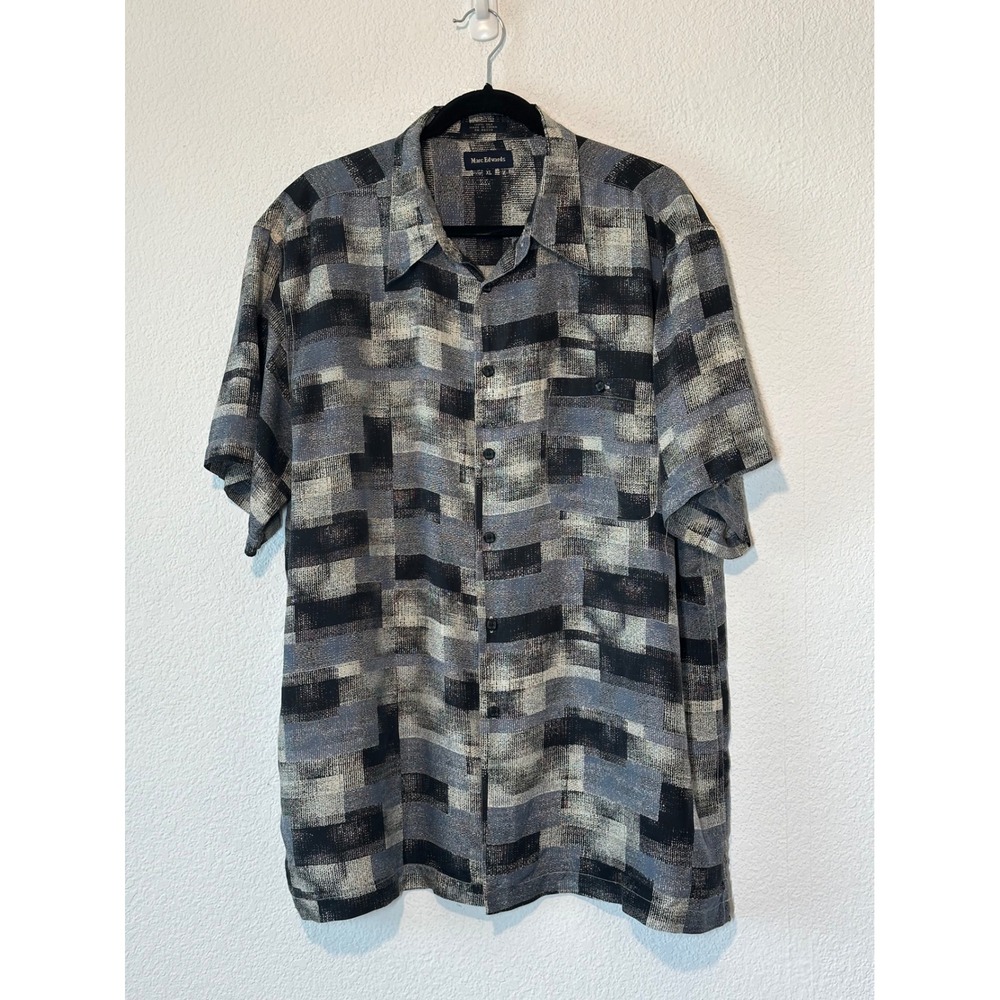 Marc Edwards Mens XL 100% Silk Short Sleeve Abstract Geometric Button Down Shirt
